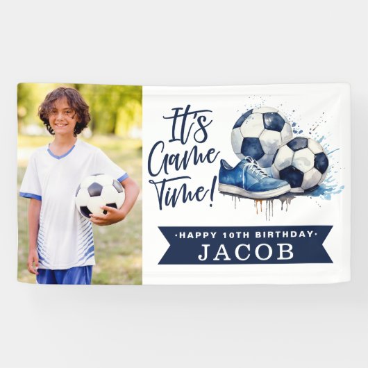 Navy Blue Soccer Kids Watercolor Foto Banner (Horizontal)