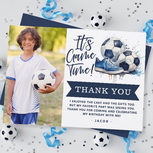 Navy Blue Soccer Kids Watercolor Foto Dankeskarte