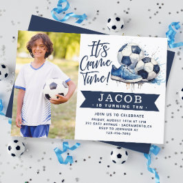 Navy Blue Soccer Kids Watercolor Foto Einladung