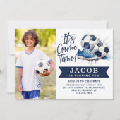 Navy Blue Soccer Kids Watercolor Foto Einladung (Vorderseite)