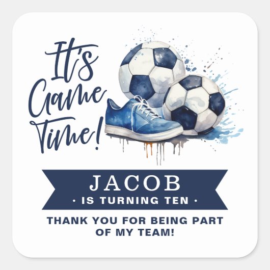 Navy Blue Soccer Kids Watercolor Quadratischer Aufkleber (Vorderseite)