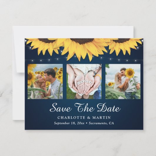 Navy Blue Sonnenblume 3 Foto Speichern Sie die Dat Save The Date (Vorderseite)