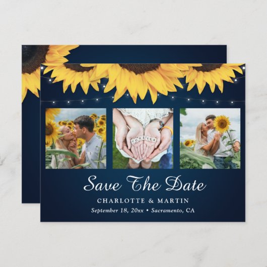 Navy Blue Sonnenblume 3 Foto Speichern Sie die Dat Save The Date (Vorne/Hinten)