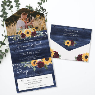 Navy Blue Sonnenblume Burgundy Rose Foto Hochzeit All In One Einladung