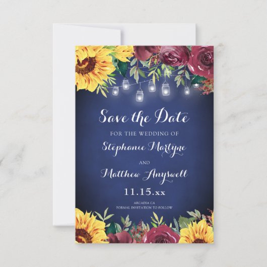 Navy Blue Sonnenblume Mason Jar Wedding Save The Date (Vorderseite)