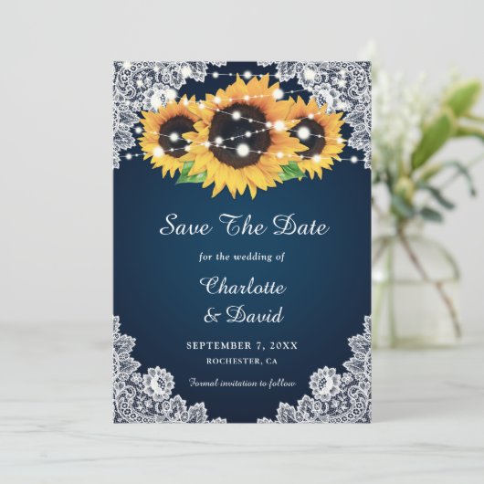 Navy Blue Sonnenblume speichern die Datumskarten Save The Date (Stehend Vorderseite)