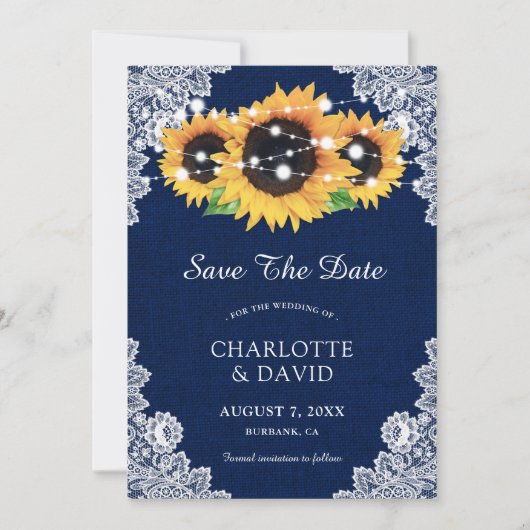 Navy Blue Sonnenblume speichern die Datumskarten Save The Date (Vorderseite)
