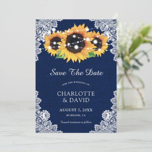 Navy Blue Sonnenblume speichern die Datumskarten Save The Date (Stehend Vorderseite)