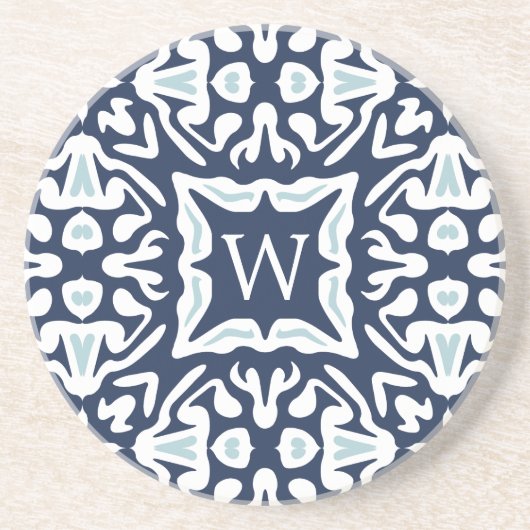 Navy Blue Spanish Tile Monogram Sandstein Untersetzer (Vorne)