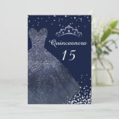 Navy Blue Sparkle Gown Dress Quinceanera Party Einladung (Stehend Vorderseite)