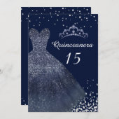 Navy Blue Sparkle Gown Dress Quinceanera Party Einladung (Vorne/Hinten)