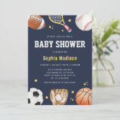 Navy Blue Sports Thema Kinderdusche Einladung (Stehend Vorderseite)