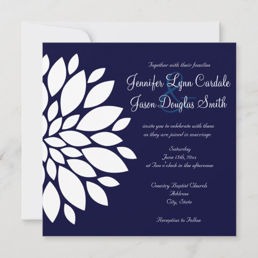 Navy Blue Square Wedding Invitations White Flower Einladung (Vorderseite)