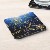 Navy Blue Starry Galaxy Gold Floral Name Getränkeuntersetzer (Linke Seite)