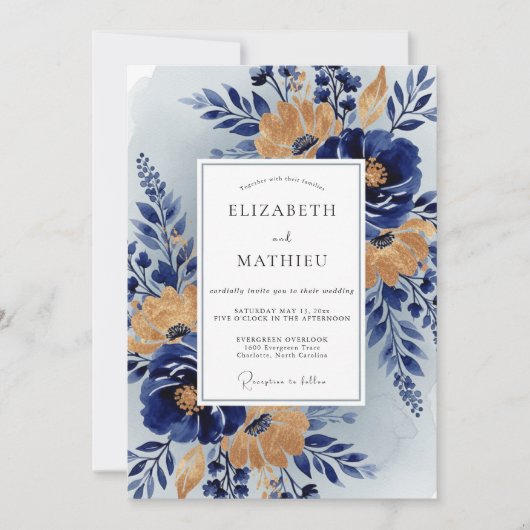 Navy Blue Stately Botanical Wedding Einladung (Vorderseite)