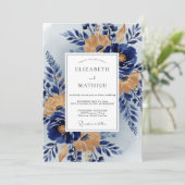 Navy Blue Stately Botanical Wedding Einladung (Stehend Vorderseite)