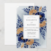 Navy Blue Stately Botanical Wedding Einladung (Vorne/Hinten)