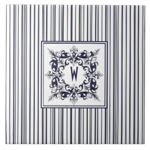Navy-Blue-Streifen-Vintage-Label und Monogramm Fliese