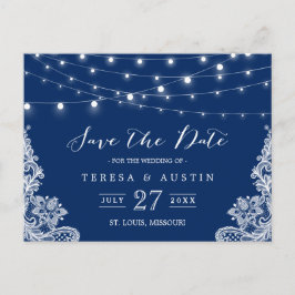 Navy Blue String Lights Elegante Spitze Save the D Ankündigungspostkarte