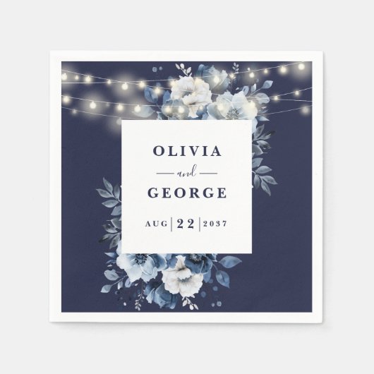 Navy Blue String Lights Floral Wedding Napkin Serviette (Vorderseite)