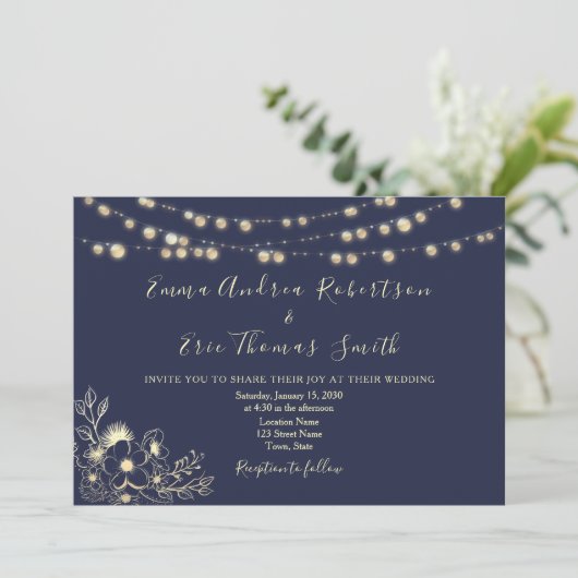 Navy Blue String Lights Hochzeiten QR Code Einladu Einladung (Stehend Vorderseite)