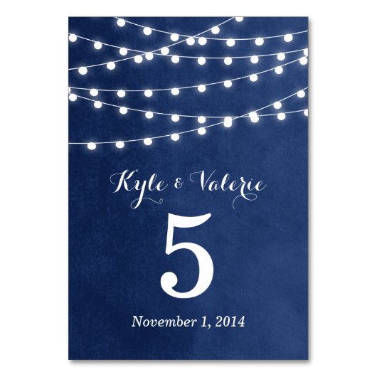 Navy Blue String Lights Hochzeiten Tischnummern (Vorderseite)
