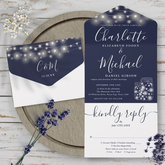 Navy Blue String Lights Mason Jars Wedding All In One Einladung