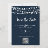 Navy Blue String Lights Modernes Skript Rette das Save The Date (Vorderseite)