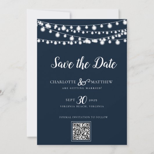 Navy Blue String Lights Modernes Skript Rette das Save The Date (Vorderseite)