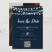 Navy Blue String Lights Modernes Skript Rette das Save The Date (Vorne/Hinten)