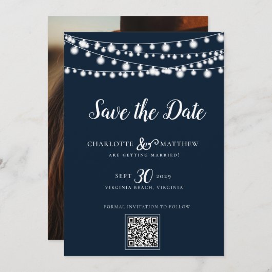 Navy Blue String Lights Modernes Skript Rette das Save The Date (Vorne/Hinten)