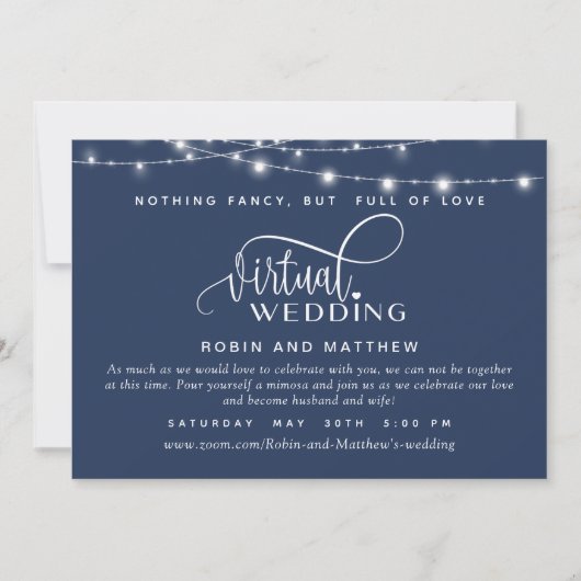 Navy Blue, String Lights, Online Virtual Wedding Einladung (Vorderseite)