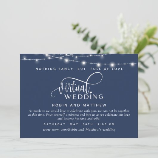 Navy Blue, String Lights, Online Virtual Wedding Einladung (Stehend Vorderseite)