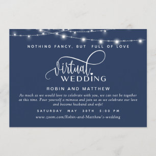 Navy Blue, String Lights, Online Virtual Wedding Einladung