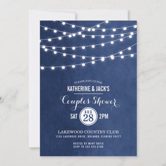 Navy Blue String Lights Paare Dusche Einladung (Vorderseite)