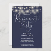 Navy Blue String Lights Script Retirement Party Einladung (Vorderseite)