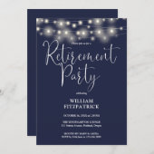 Navy Blue String Lights Script Retirement Party Einladung (Vorne/Hinten)