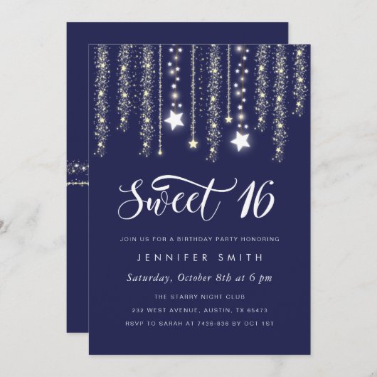 Navy Blue String Lights Sweet 16 Einladung (Vorne/Hinten)