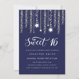 Navy Blue String Lights Sweet 16 Einladung