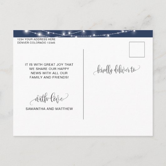 Navy Blue, String Lights, Verlobt Got, Verlobung Ankündigungspostkarte (Rückseite)