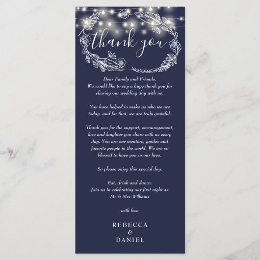 Navy Blue String Lights Vielen Dank Platzkarte Menükarte (Vorderseite)