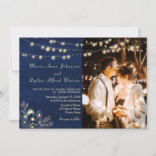 Navy Blue String Lights Wedding QR Einladung (Vorderseite)