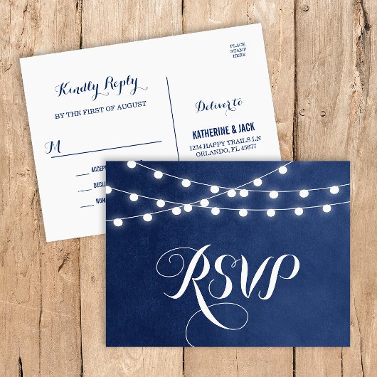 Navy Blue String Lights Wedding RSVP Postcard Einladungspostkarte