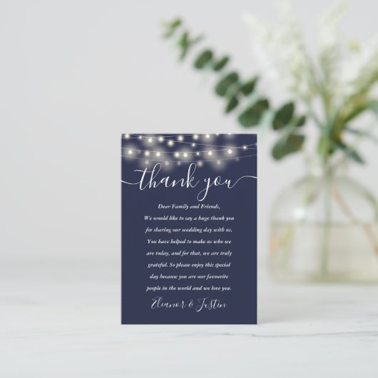 Navy Blue String Lights Wedding Thank You Place  Platzkarte (Stehend Vorderseite)