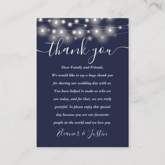 Navy Blue String Lights Wedding Thank You Place  Platzkarte (Vorderseite)