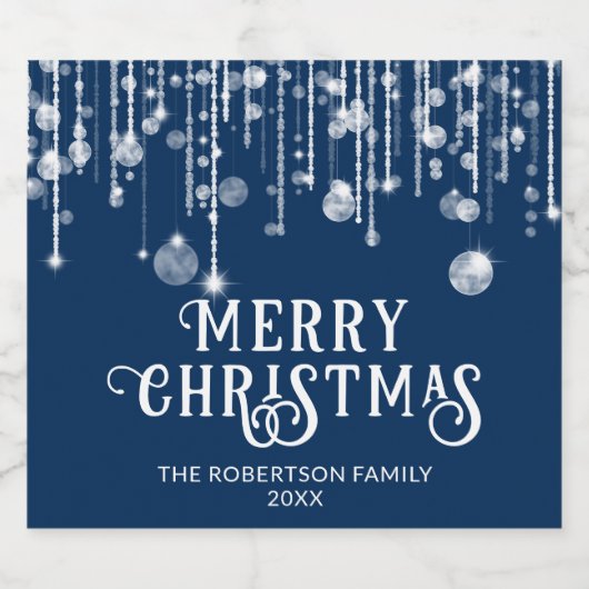 Navy Blue String Lights Weihnachts-Party Schaumweinetikett (Einzelnes Label)