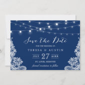 Navy Blue String Lights White Lace | SAVE THE DATE (Vorderseite)