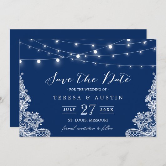 Navy Blue String Lights White Lace | SAVE THE DATE (Vorne/Hinten)