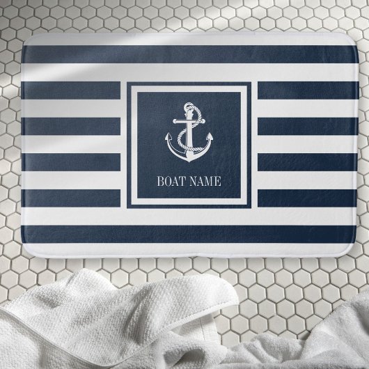 Navy Blue Strip Boat Name Nautical Anchor Badematte