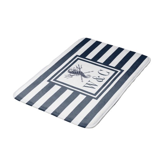 Navy Blue Strip Monogram Nautical Seepferd Bath m Badematte (Schrägansicht)